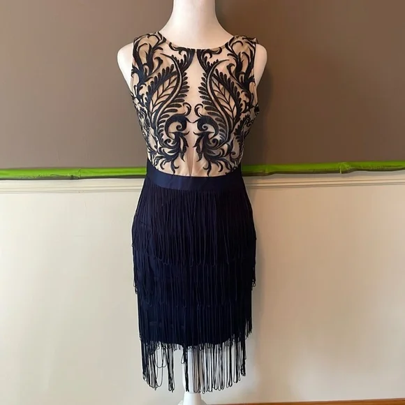 Venus Navy & Tan Floral Embroidered Sheer Deep V-Neck Fringe Below Knee Dress 4 Venus Navy & Tan Floral Embroidered Sheer Deep V-Neck Fringe Below Knee Dress 4